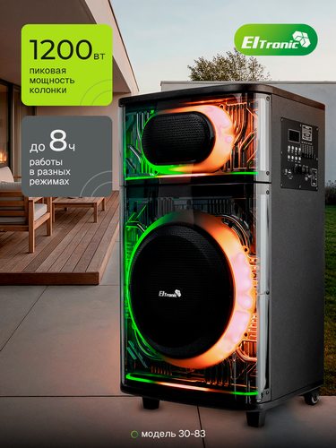 Изображение товара Портативная колонка Eltronic SKILLETS 30-83 BOX 1200 с беспроводным микрофоном и LED-подсветкой
