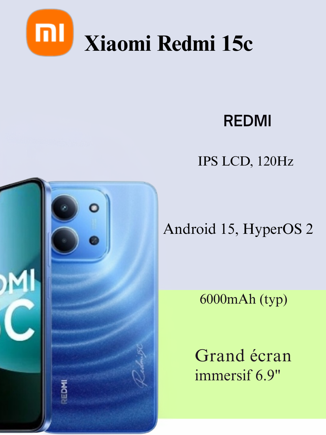 Смартфон Xiaomi Redmi 15c, IPS LCD, 120 Гц, Corning Gorilla Glass 3/,6000 мАч, 33 Вт, 4/256 ГБ, Blue