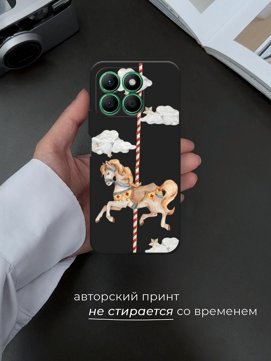Черный матовый чехол на Honor X8B / Хонор X8B с принтом "Карусель лошадка" — фото 1