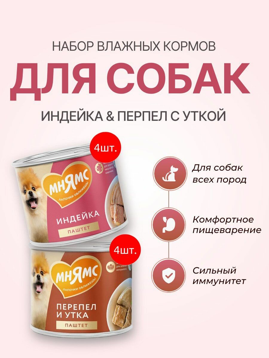 Набор паштета Мнямс: 800 г (4 шт по 200 г) + 800 г (4 шт по 200 г). Влажный корм для собак всех пород. Индейка "комфортное пищеварение" + Перепел "сильный иммунитет"