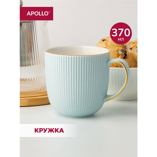 фото Кружка для чая и кофе, чашка из фарфора apollo "ribb" 370 мл, голубая с золотой окантовкой