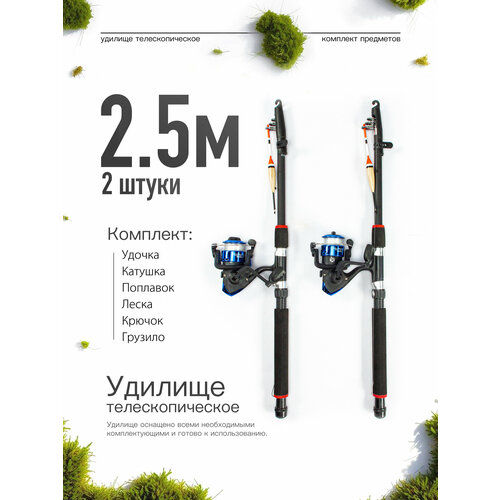 Удилище телескопическое в сборе (катушка + леска + поплавок + грузило) 2,5 метра, комплект 2 шт.