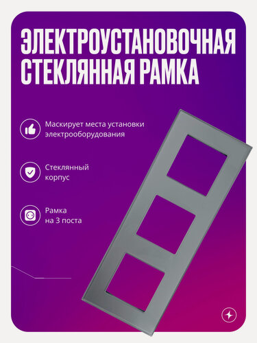 Изображение товара Рамка для розетки/выключателя электроустановочная на 3 поста, серая, стеклянная, квадратная, с металлическим брекетом