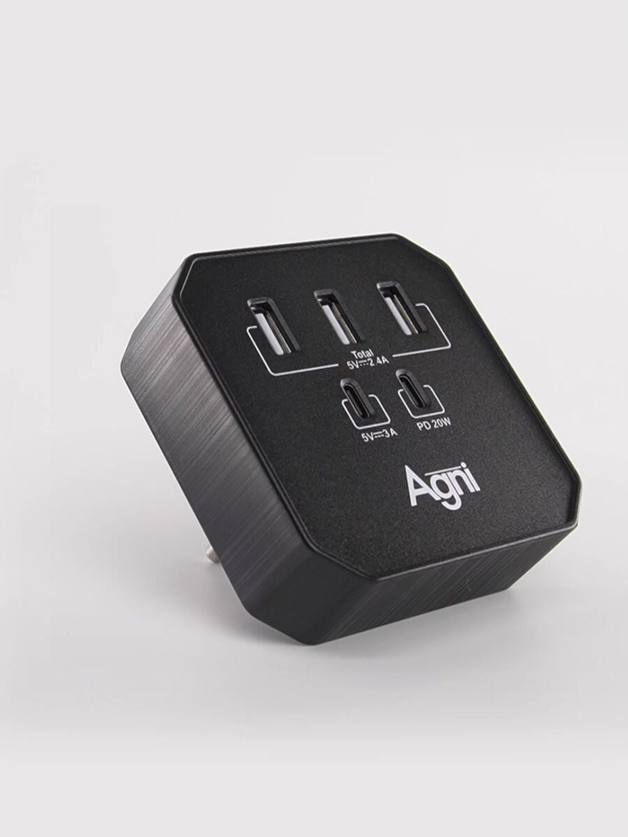 Тройник для розетки, AGNI, 3 USB и 2 TYPE-C быстрая зарядка, сетевой разветвитель 45Вт, черный — фото 1