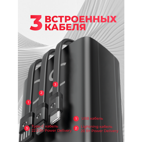 Повербанк 30000 mAh с быстрой зарядкой 225 Вт 3 встроенных кабеля powerbank для айфона пауэрбанк черный 19525₽