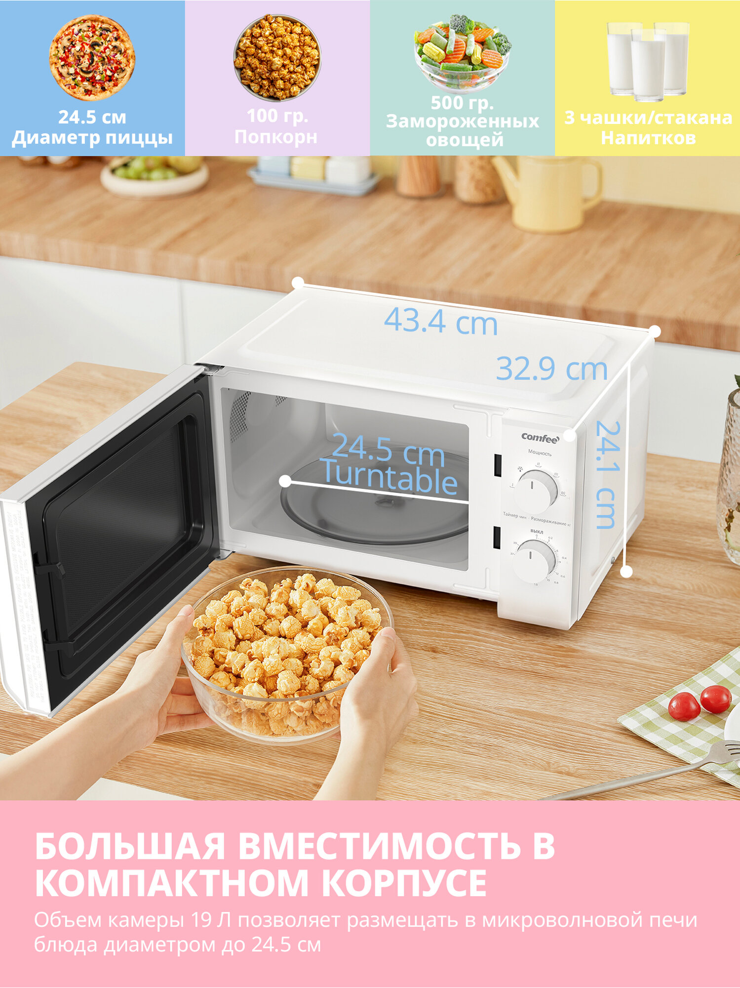 Микроволновая печь Comfee CMW719L2W-W, 700 Вт, 5 уровней мощности, поворотный стол, внутреннее освещение, быстрая разморозка, таймер, белый — фото 1