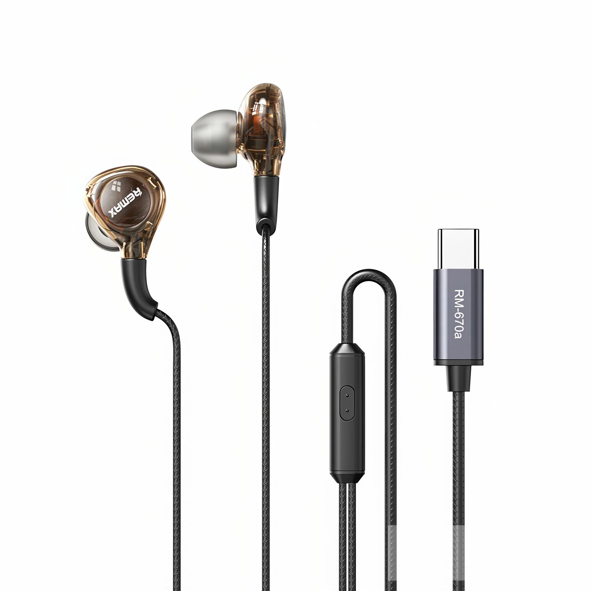 Внутриканальные проводные наушники Remax RM-670 USB Type-C прозрачный, черный, коричневый