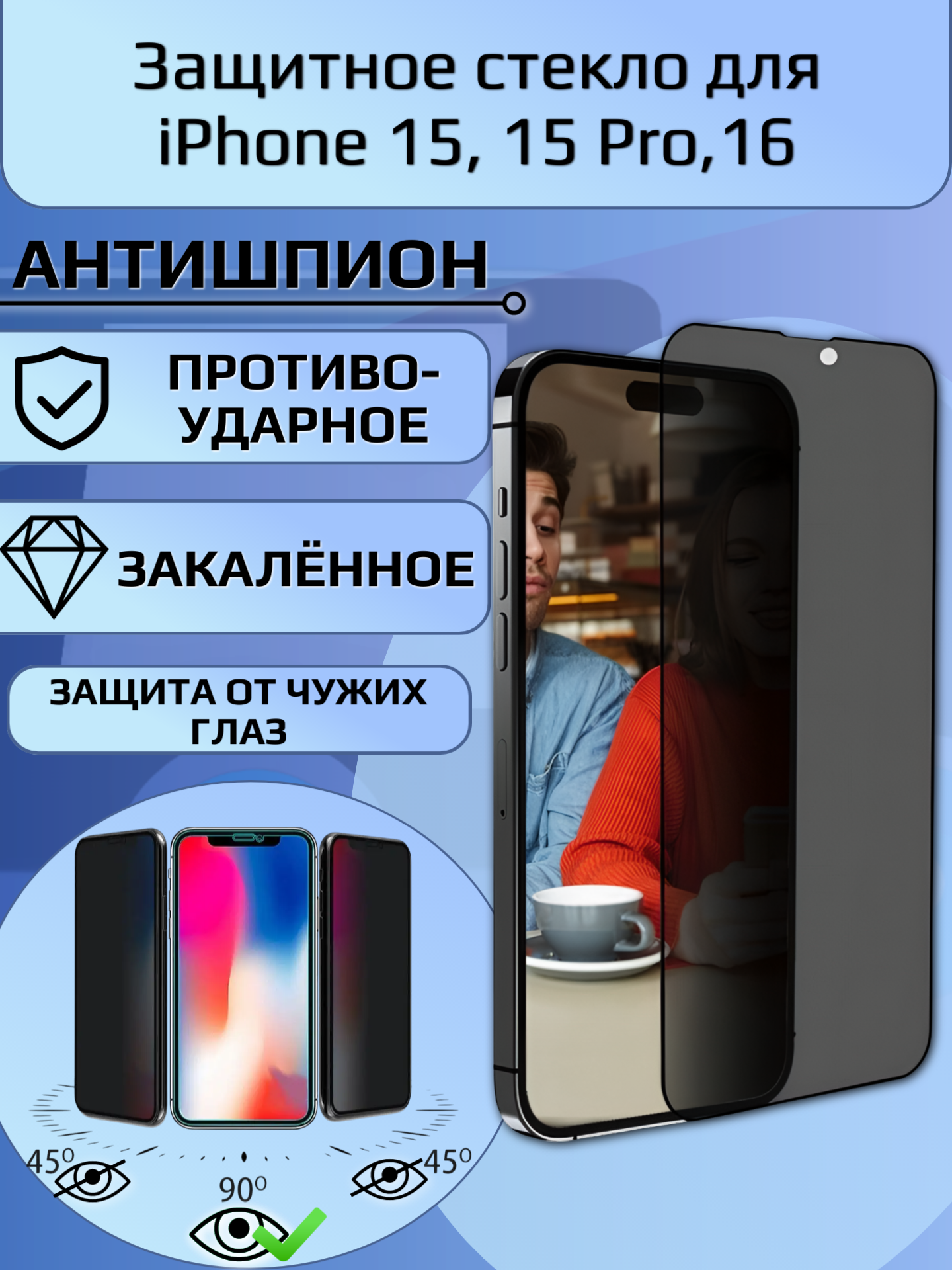 Защитное стекло iPhone 15 , 15 Pro , 16 Антишпион Privat олеофобное броне покрытие для айфон 15 16 15 про