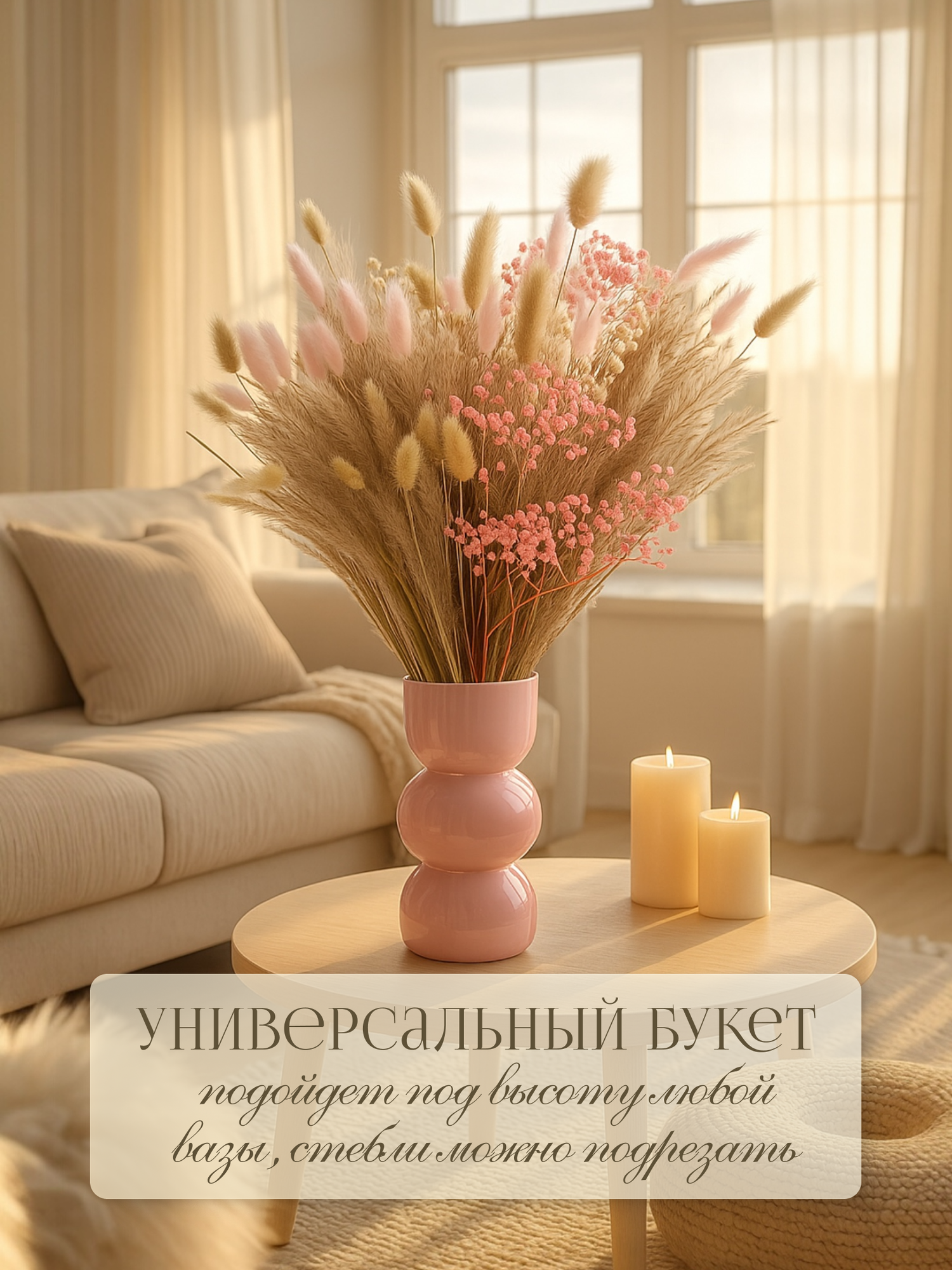 Сухоцветы для декора, букет из сухоцветов: гипсофила, кортадерия, лагурус, мискантус, лен - розовые — фото 1