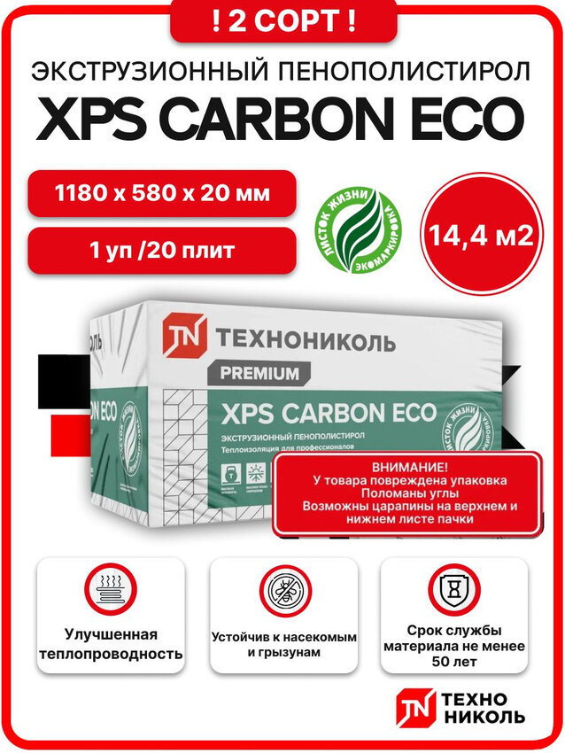 Технониколь XPS Carbon Eco 20 мм 2 сорт ( 1 уп / 144 м2 / 20 плит) утеплитель из пенополистирола для стен крыши пола