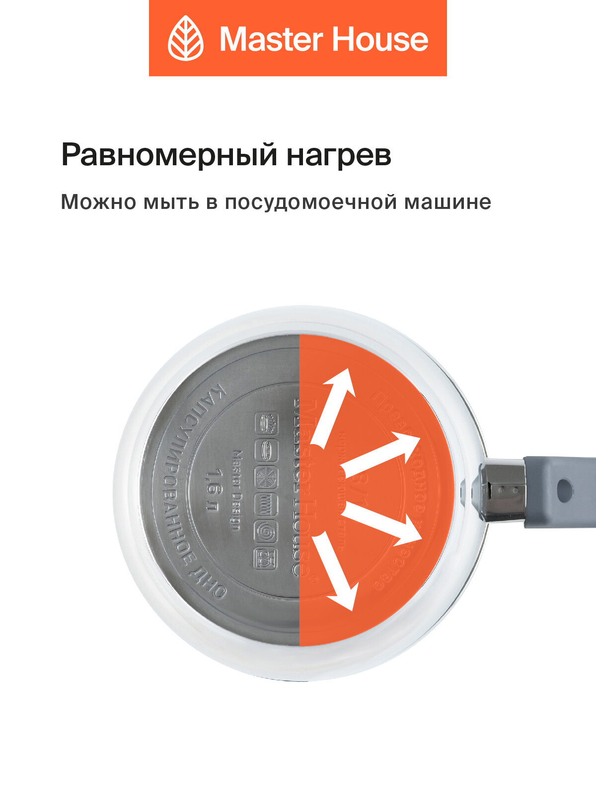 Ковш для индукционной плиты Master House с крышкой, нержавеющая сталь, 1,6 л коллекция Симба — фото 1