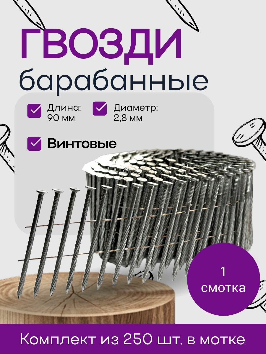 Гвозди барабанные 2.8 x 90 мм SCH с винтовой накаткой. 1 барабан - 250 шт.
