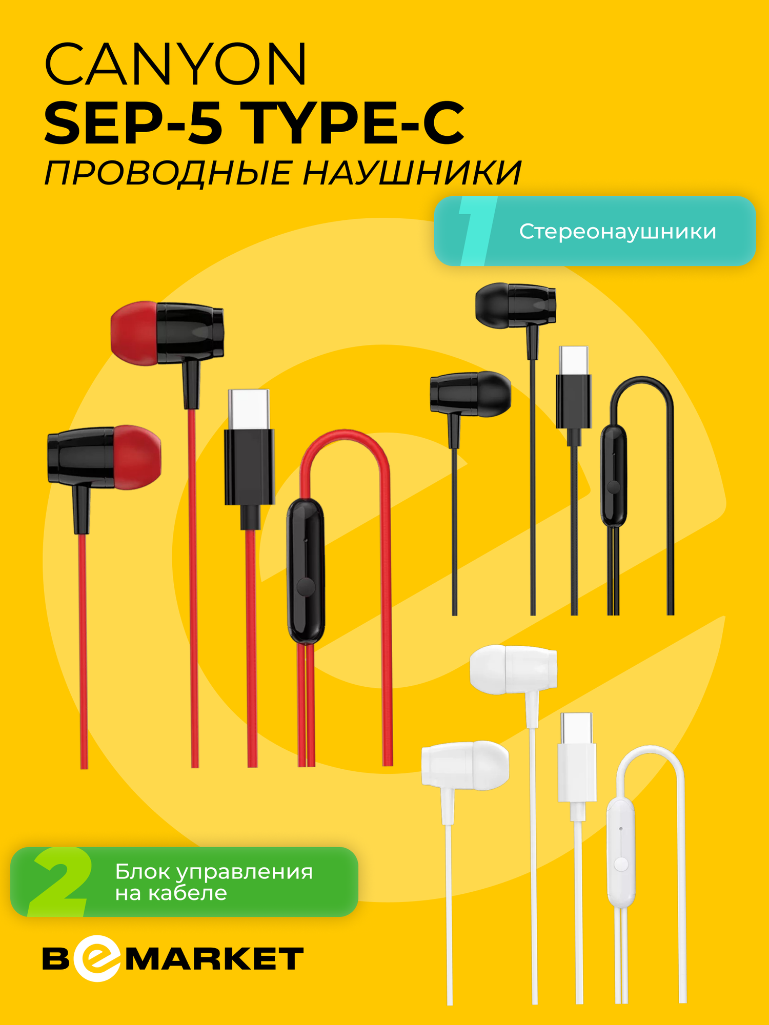 Проводные наушники Canyon SEP-5 Type-C Red с кабелем, внутриканальные 1.2 м