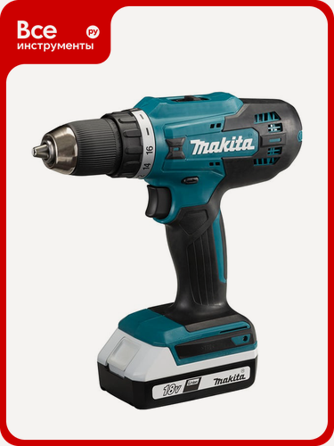 Изображение товара Дрель-шуруповерт Makita аккумулятор G-серия 18 В, 13 мм, 42/24 Нм (2x1,5Ач, з/у) DF488D002, 1,7 кг, резиновый