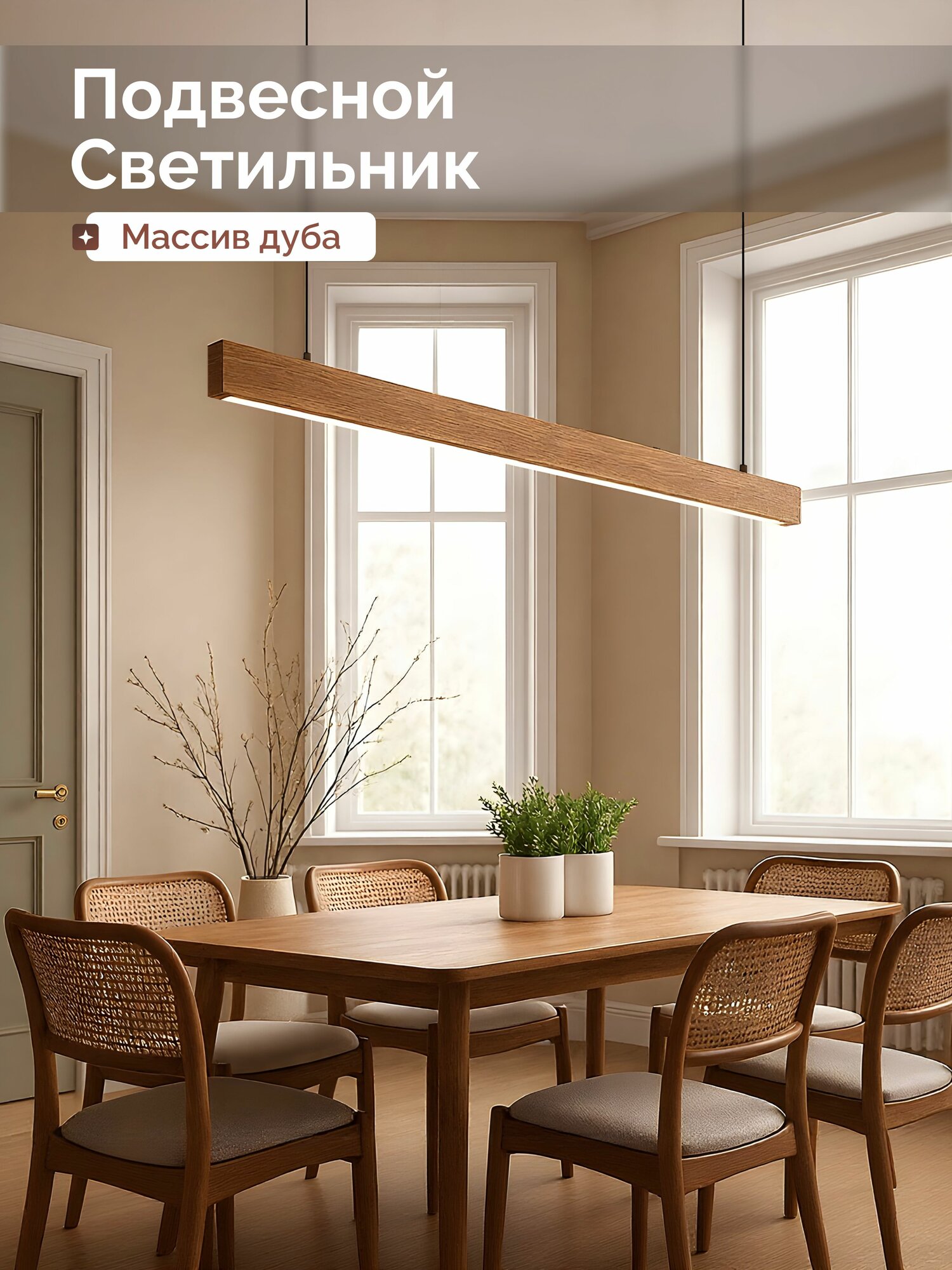 HOLZTAG Потолочный подвесной светильник из дерева, люстра, массив дуба 2.5х6х160см, дневной свет