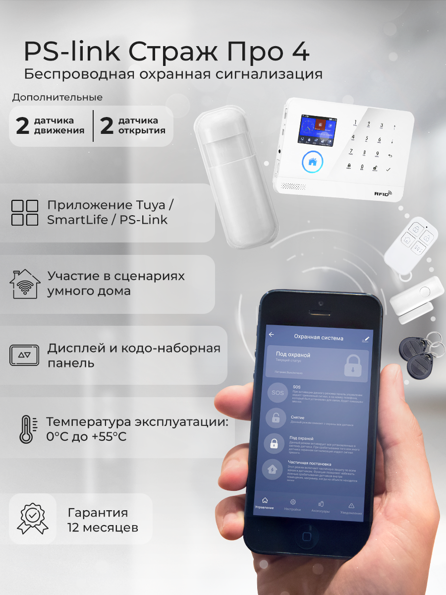 Комплект охранной GSM/WIFI сигнализации Ps-Link WG103TW-4, 2 датчика движения и 2 датчика открытия
