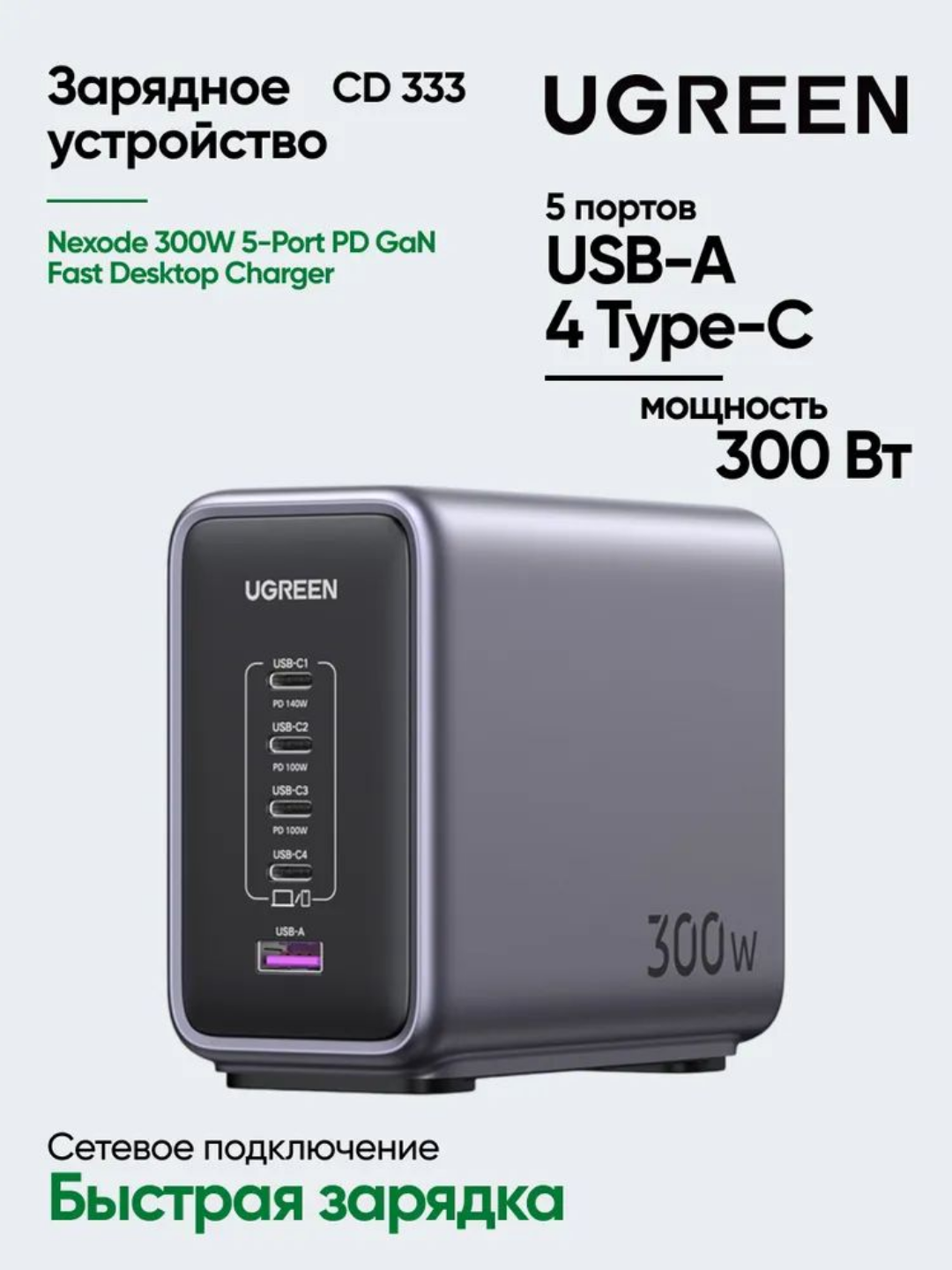Зарядное устройство UGREEN Nexode 300W USB C GaN Charger-5 Ports Desktop Charger