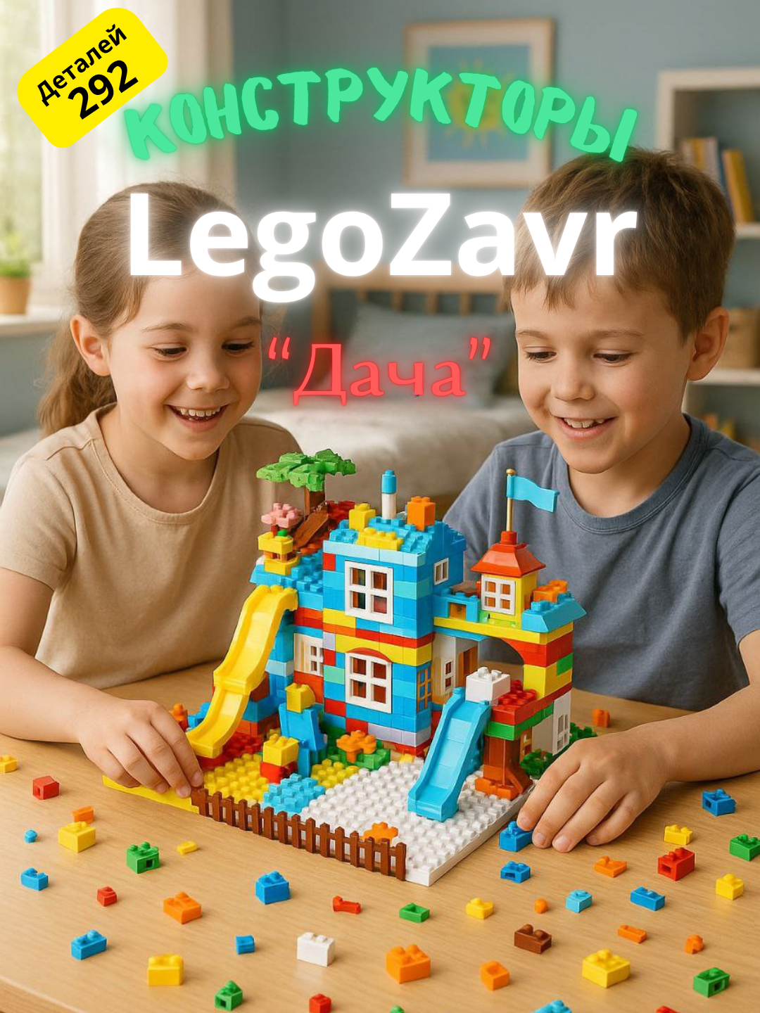 Детский конструктор в стиле LEGO на 292 детали – для строительства ярких домов и игровых площадок