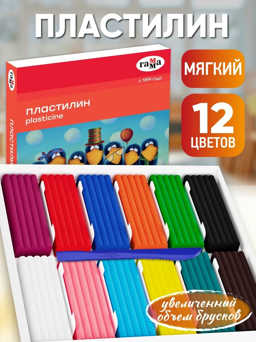 Пластилин для лепки Гамма "Мультики" мягкий детский, 12 цветов, со стеком / Набор для творчества в школу и детский сад