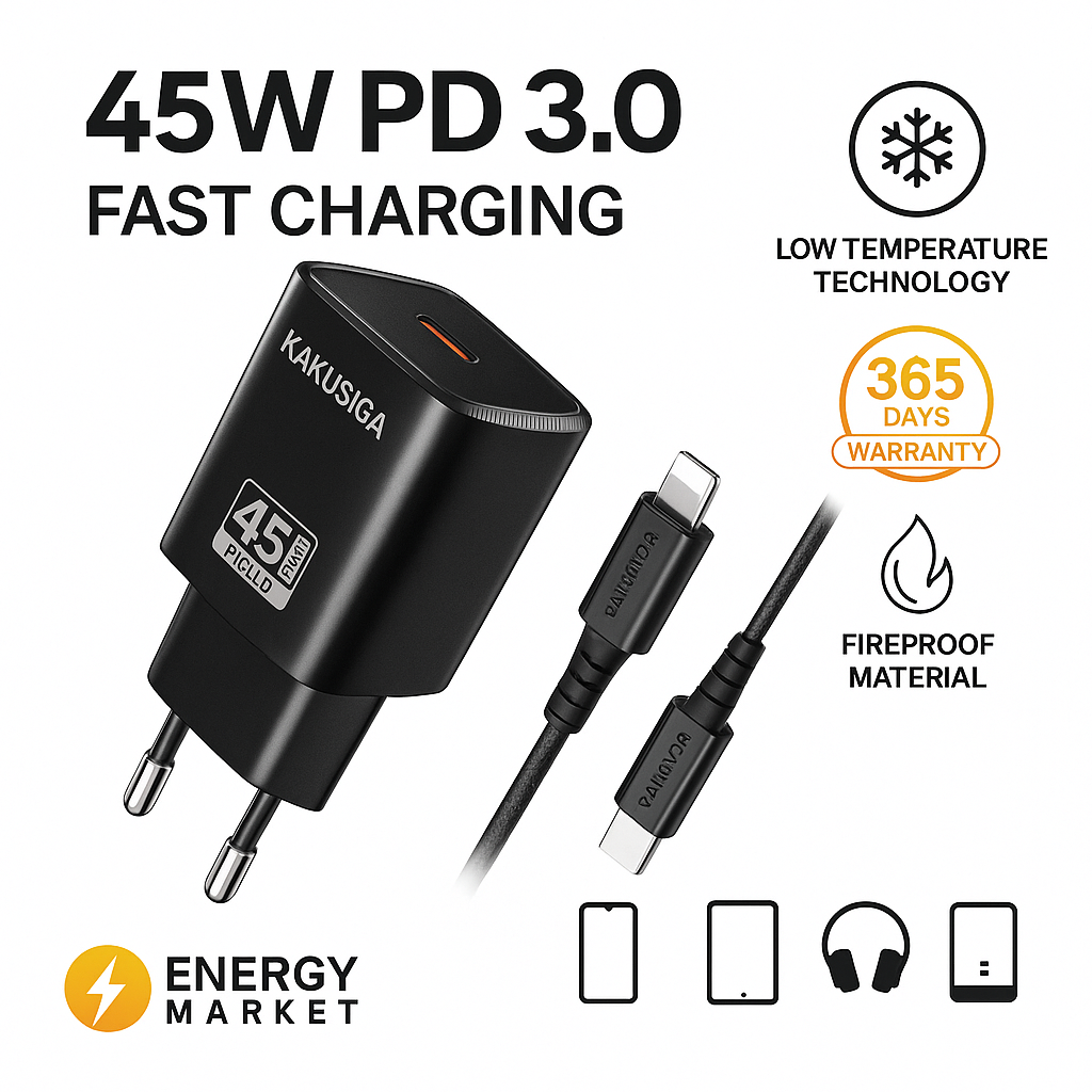Комплект адаптеров для быстрой зарядки KAKUSIGA PD45W | Кабель Type-C и Lightning | Мощность 45 Вт | 1 порт (EU)