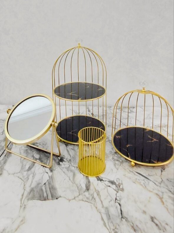 Набор органайзеров 4в1 для косметики и парфюмерии — одноярусный и двухъярусный, золотой металл и черное стекло,23×36