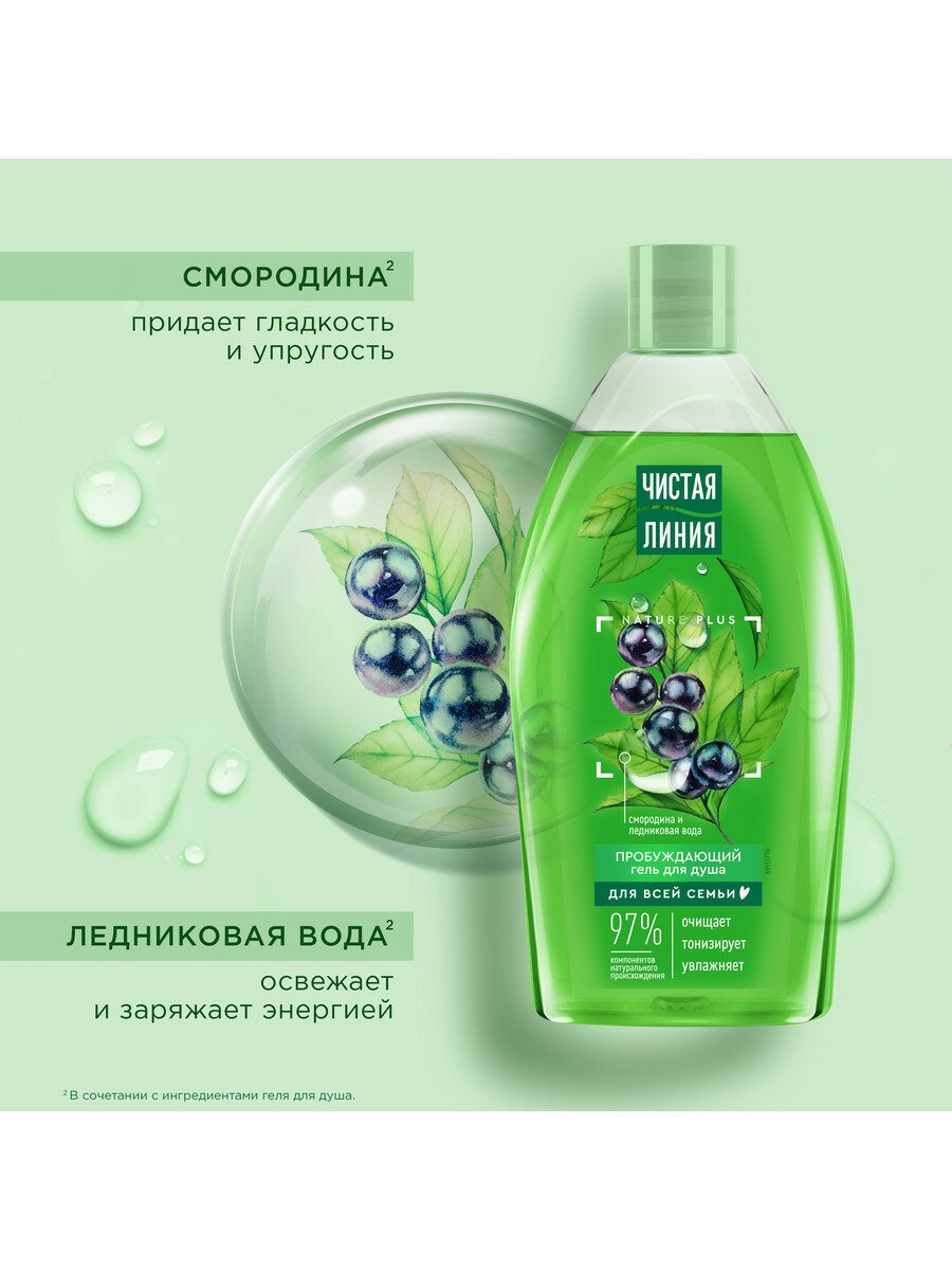 Гель для душа женский Чистая Линия на 100% натуральной основе со смородиной и ледниковой водой 750 мл — фото 1
