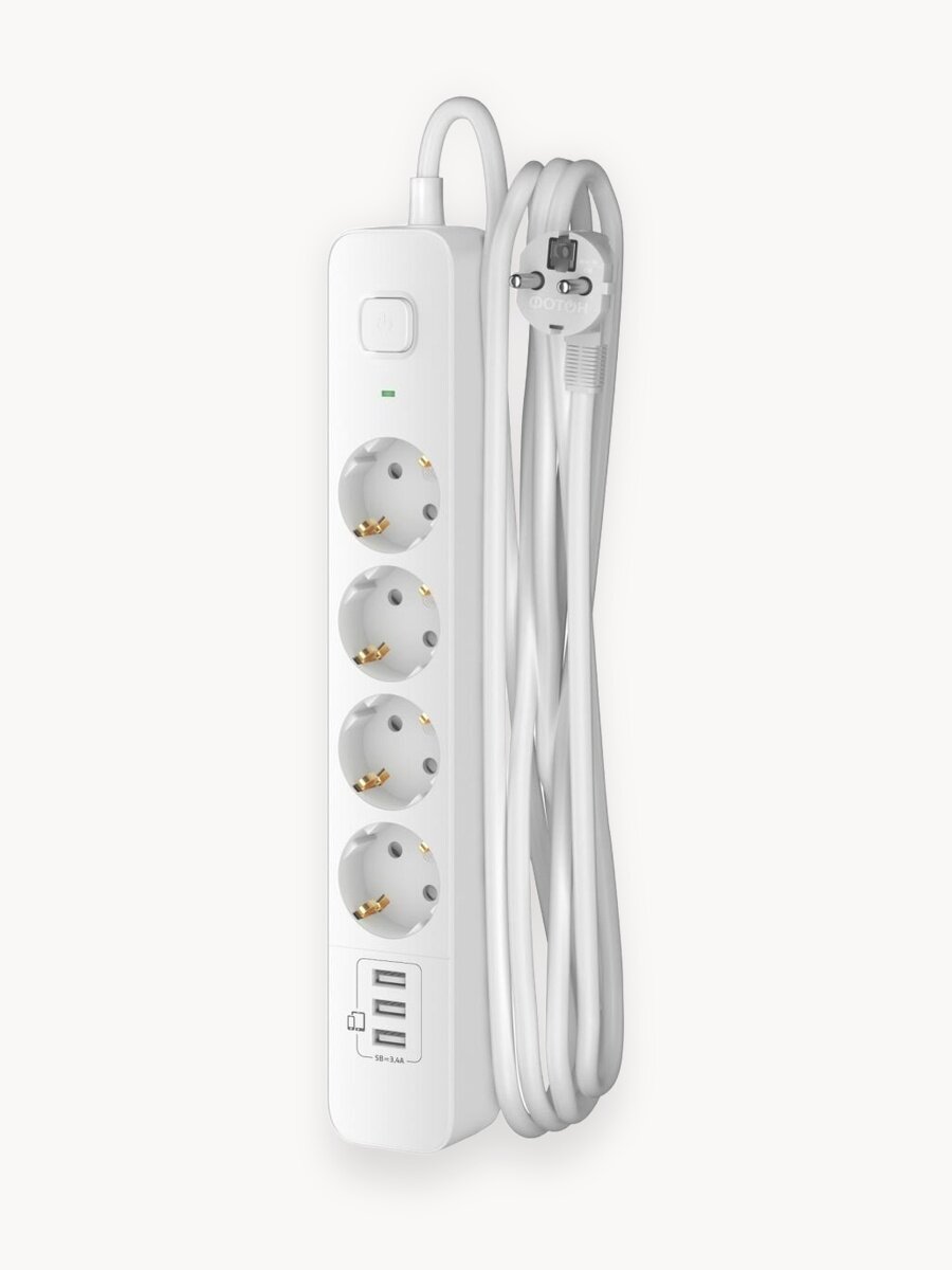 Удлинитель usb сетевой фотон 16А 2 метра 4 розетки, с выключателем с заземлением, белый, ГОСТ