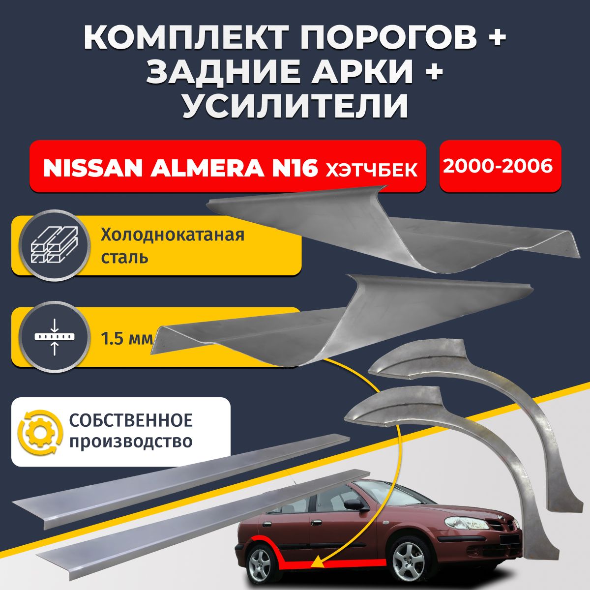 Комплект ремонтных задних арок(0,8 мм) и стандартных порогов(1,5 мм) + усилители (1,5 мм.) на Nissan Almera N16 2000-2006 хэтчбек 5 дв (Ниссан Альмера Н16). Материал холоднокатаная сталь.