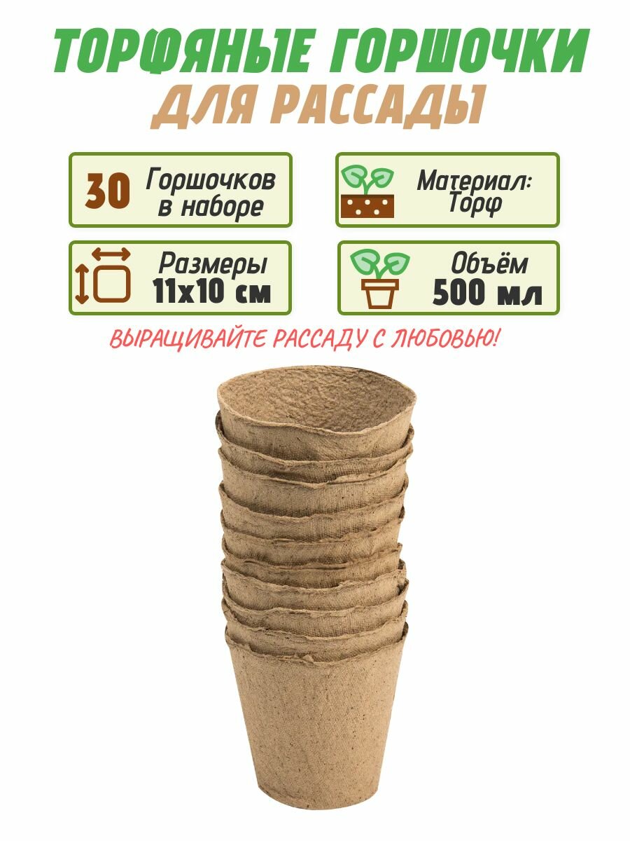Торфяные горшочки для рассады 11х10 см 0.5 л набор 30 шт. Горшки обеспечивают условия для развития здоровой корневой системы. Подходят для размещения различных видов рассады: от овощей до цветов
