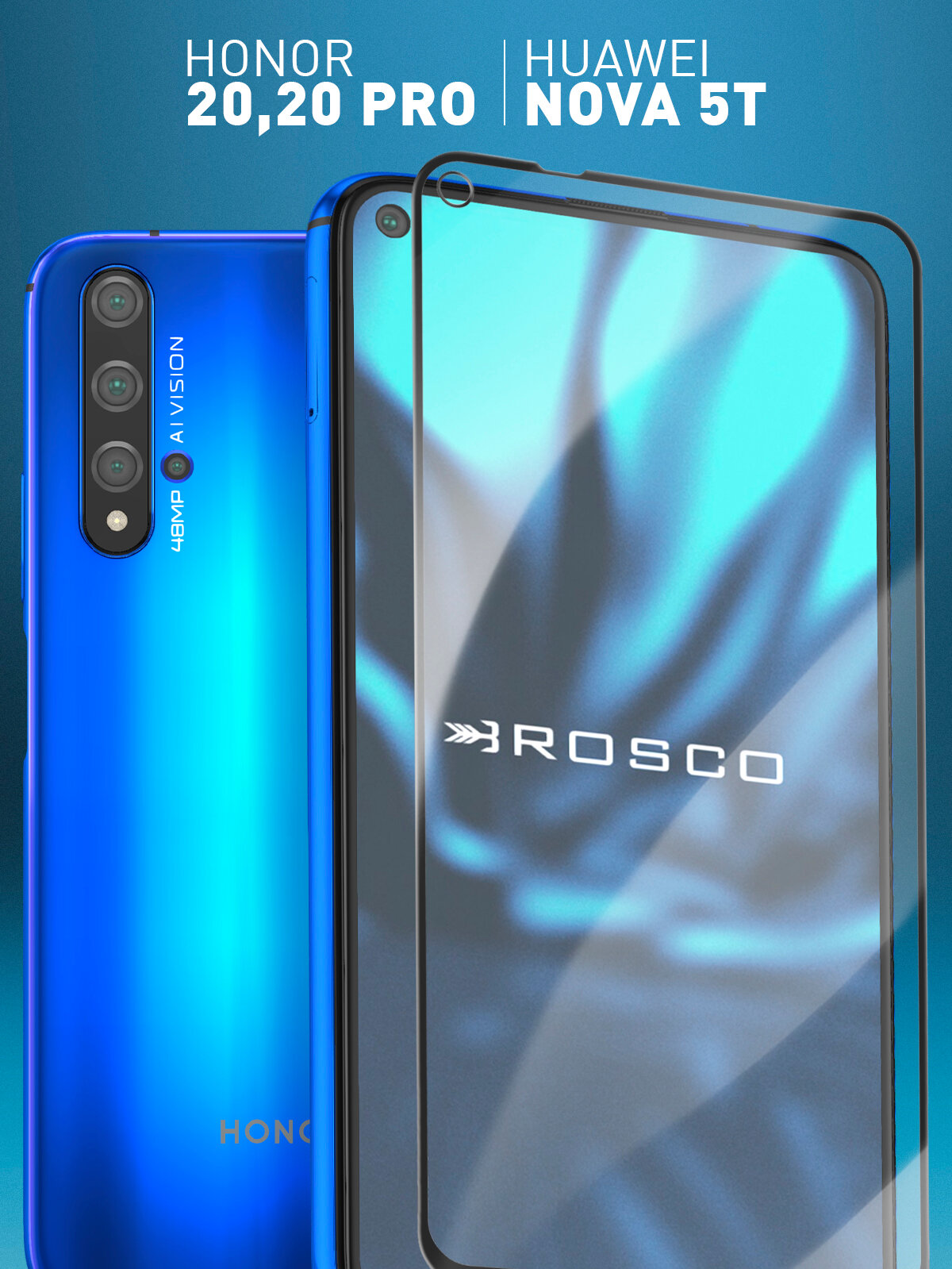 Защитное стекло Rosco на Honor 20, 20 Pro и Huawei Nova 5T (Хонор 20 и 20 Про, Хуавей Нова 5Т), с чёрной рамкой, 1 шт