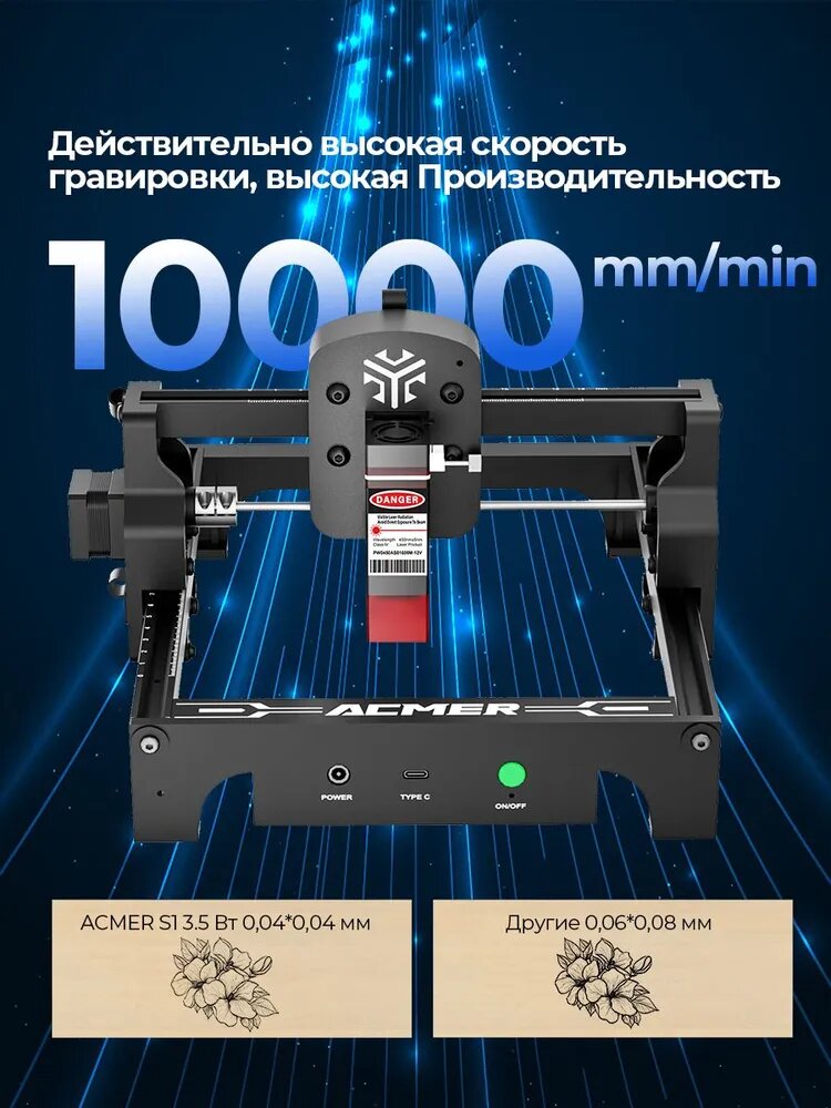 Лазерный гравер ACMER S1 3.5 Вт с Лазерный гравировальный станок для резки дерева и кожа 130X130 мм — фото 1