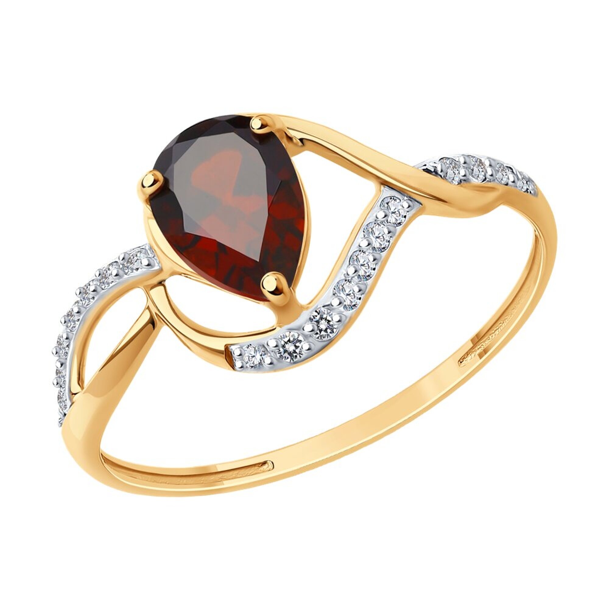 Кольцо Diamant online, красное золото, 585 проба, гранат, фианит, размер 17.5, красный