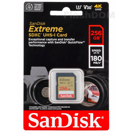 Карта памяти SanDisk Extreme SDXC 256 ГБ Class 10 UHS-I U3 V30 (R/W 180/130 Mb/s)
