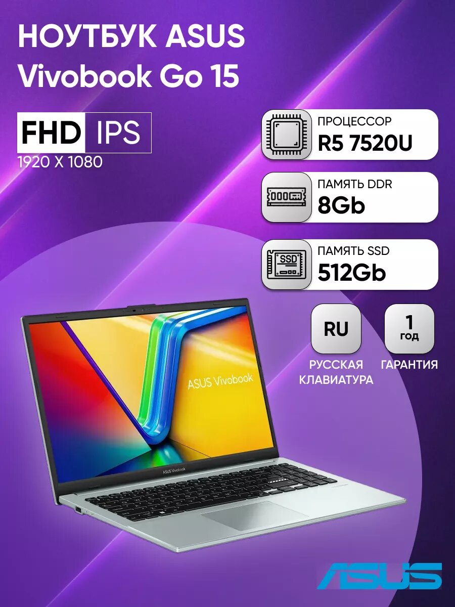 Ноутбук ASUS E1504FA-BQ089 15.6" FHD IPS 250N/R5-7520U/8GB/512GB SSD/UMA/DOS/Green Grey Русская раскладка