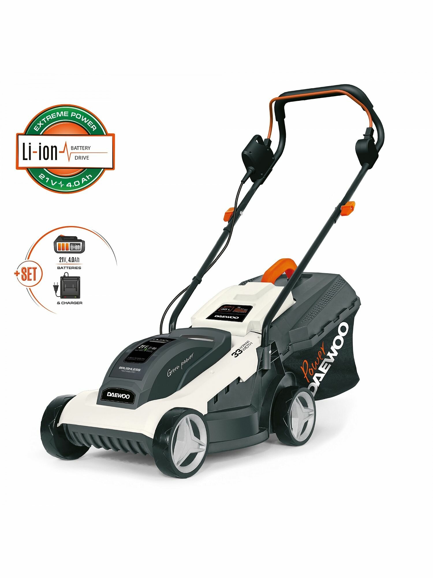 Изображение Газонокосилка аккумуляторная бесщеточная Daewoo LA 3321Li SET 20 В 33 см 1x4 Ач АКБ и ЗУ входит в комплект