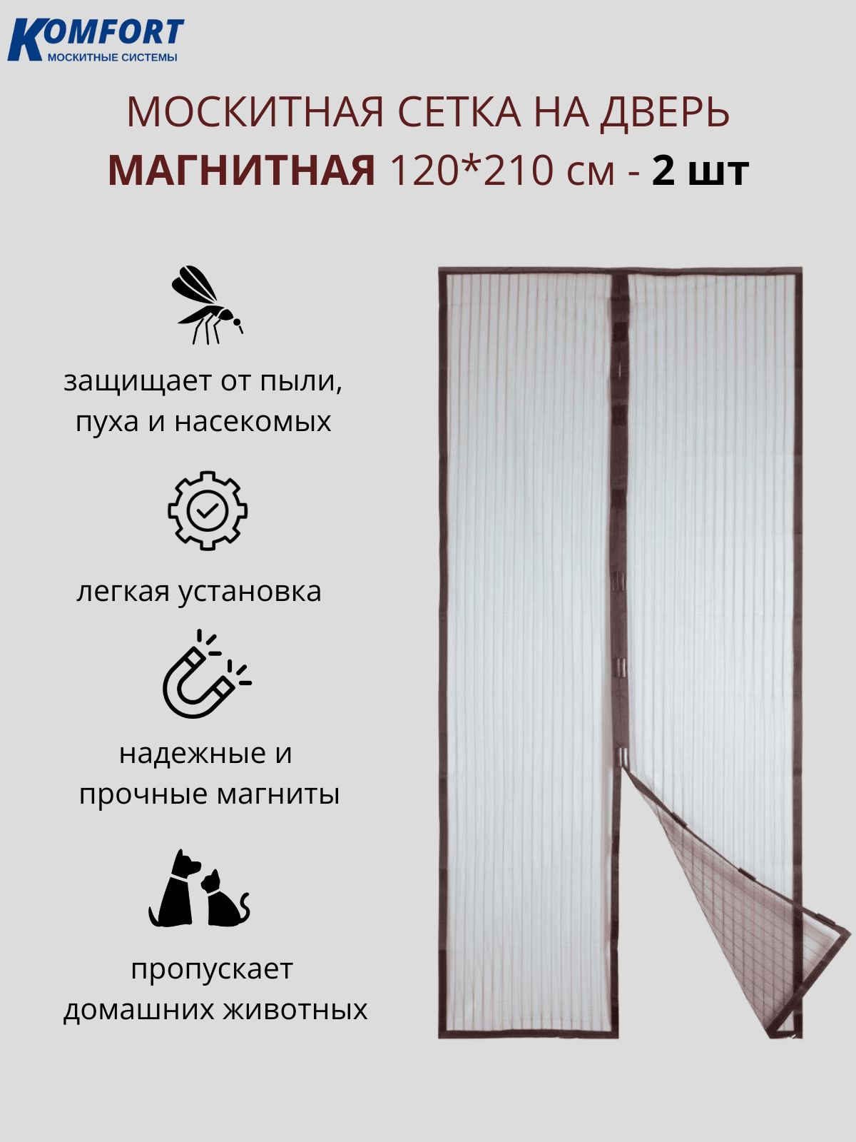 Москитная сетка на дверь магнитная 120*210 см коричневая 2 шт