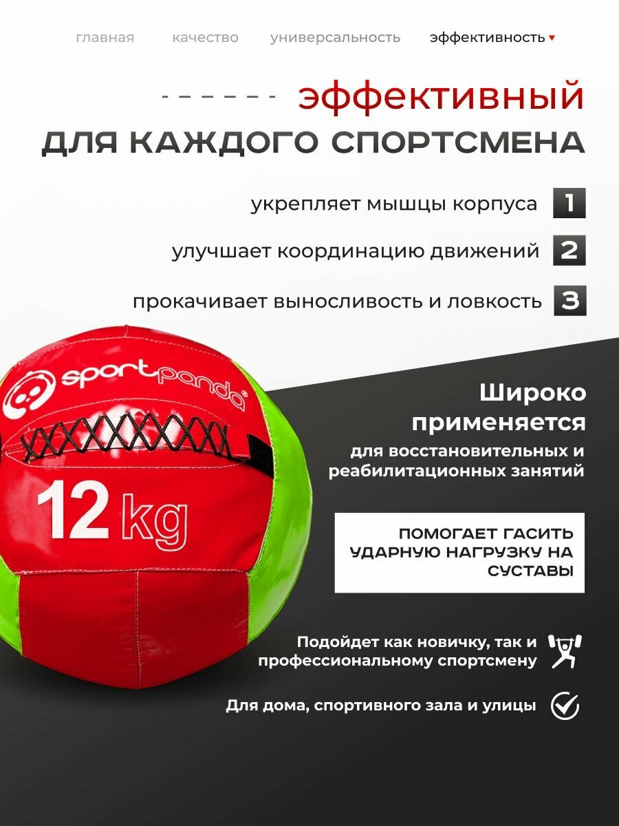 Медбол SportPanda, ПВХ, диаметр 38 см, 12 кг, армированные швы — фото 1
