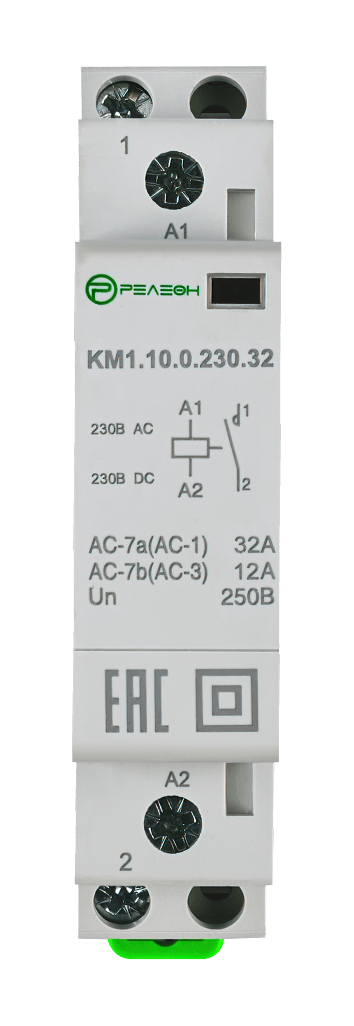 Модульный контактор 1НО контакт 32А; 230В AC/DC, релеон, KM1.10.0.230.32 — фото 1