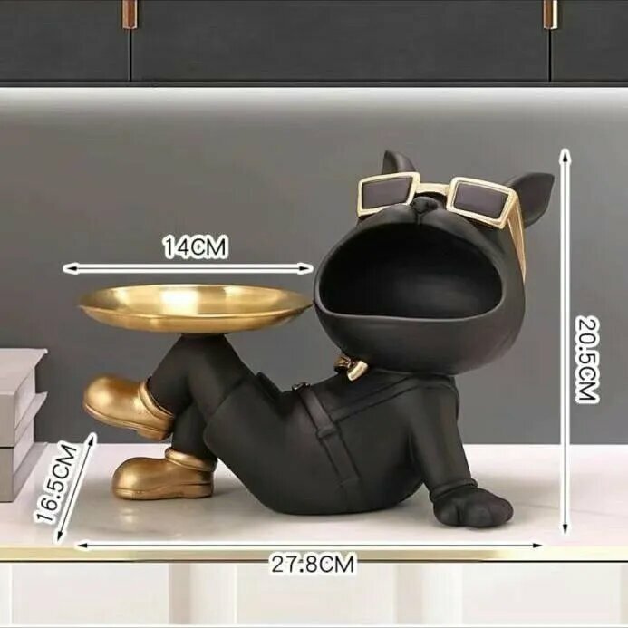 Статуэтка интерьерная французский бульдог в современном стиле, декоративная подставка для мелочей, конфетница, собака с подносом