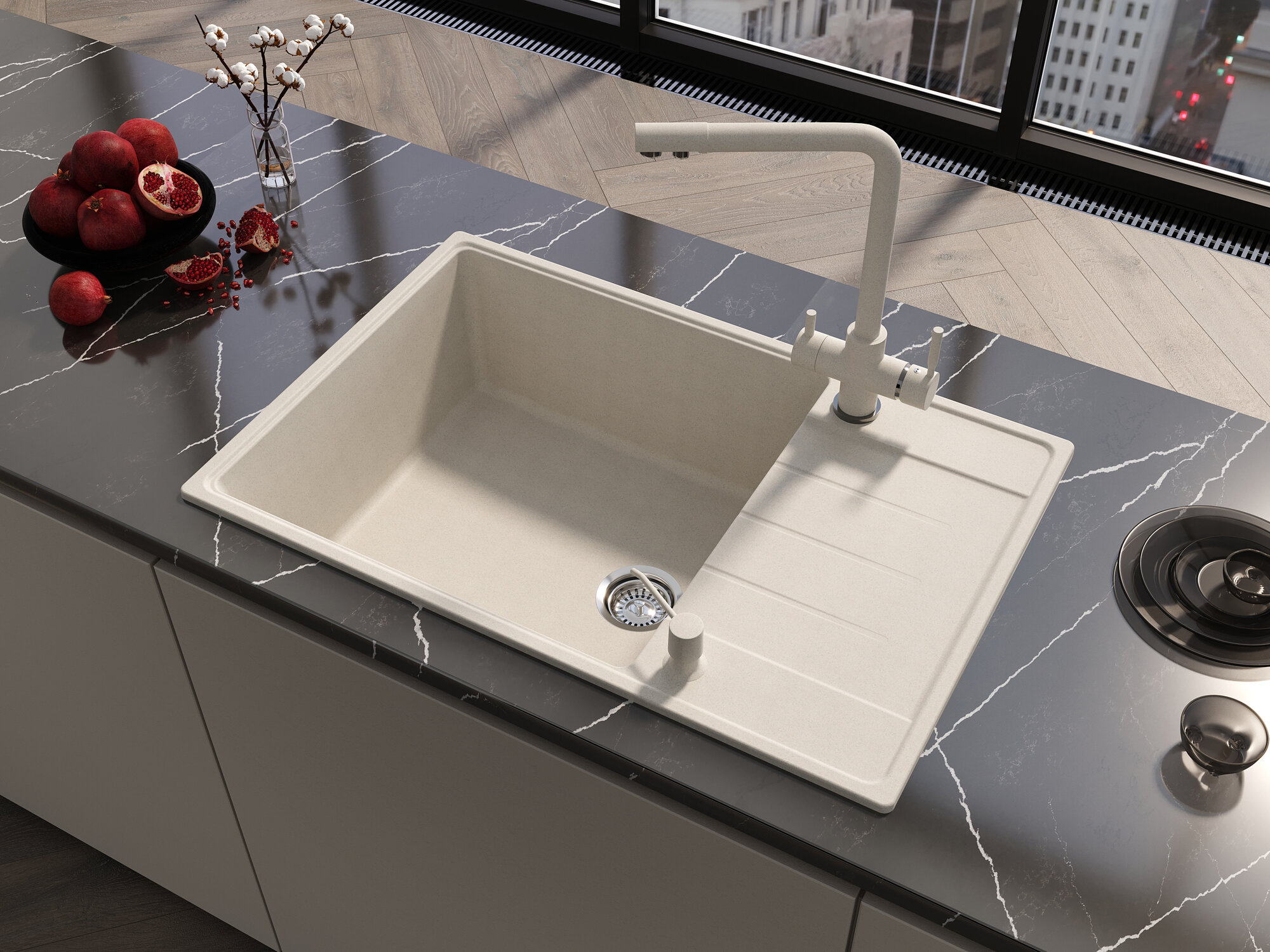Мойка врезная для кухни кварцевая с крылом белая 760x500х200 мм Grandex Aqua TOPLINE 76F цвет арктик с сифоном и выпуском