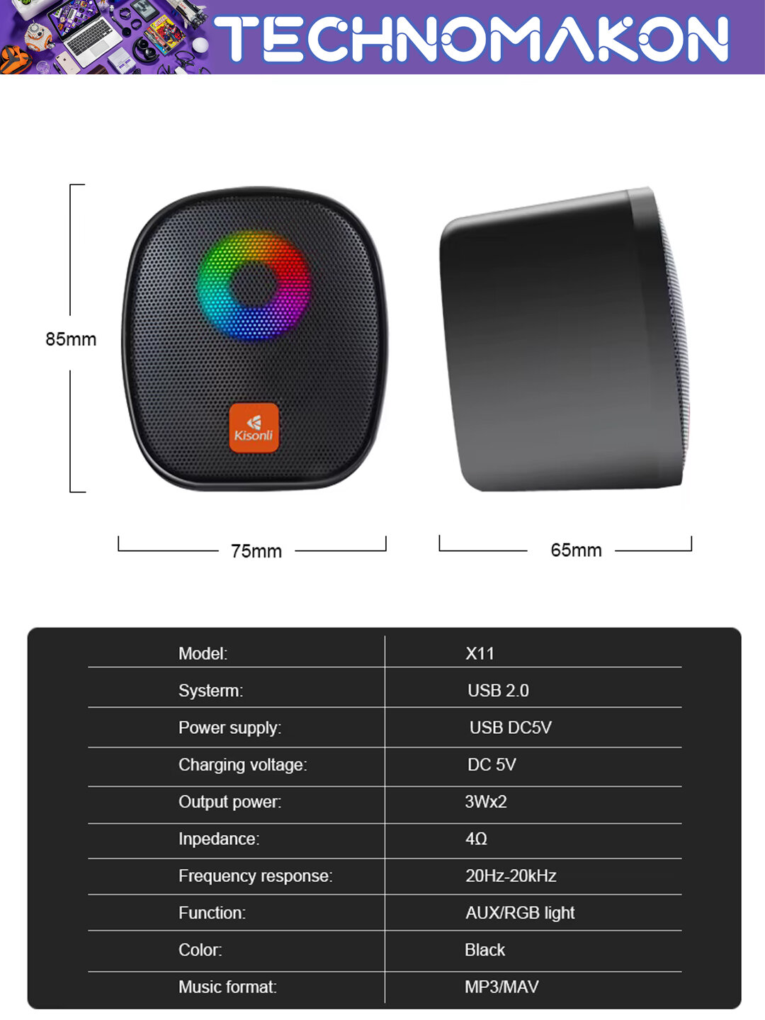 Колонки Kisonli X11 USB, стерео, 3 Вт, RGB-подсветка, черные — фото 1