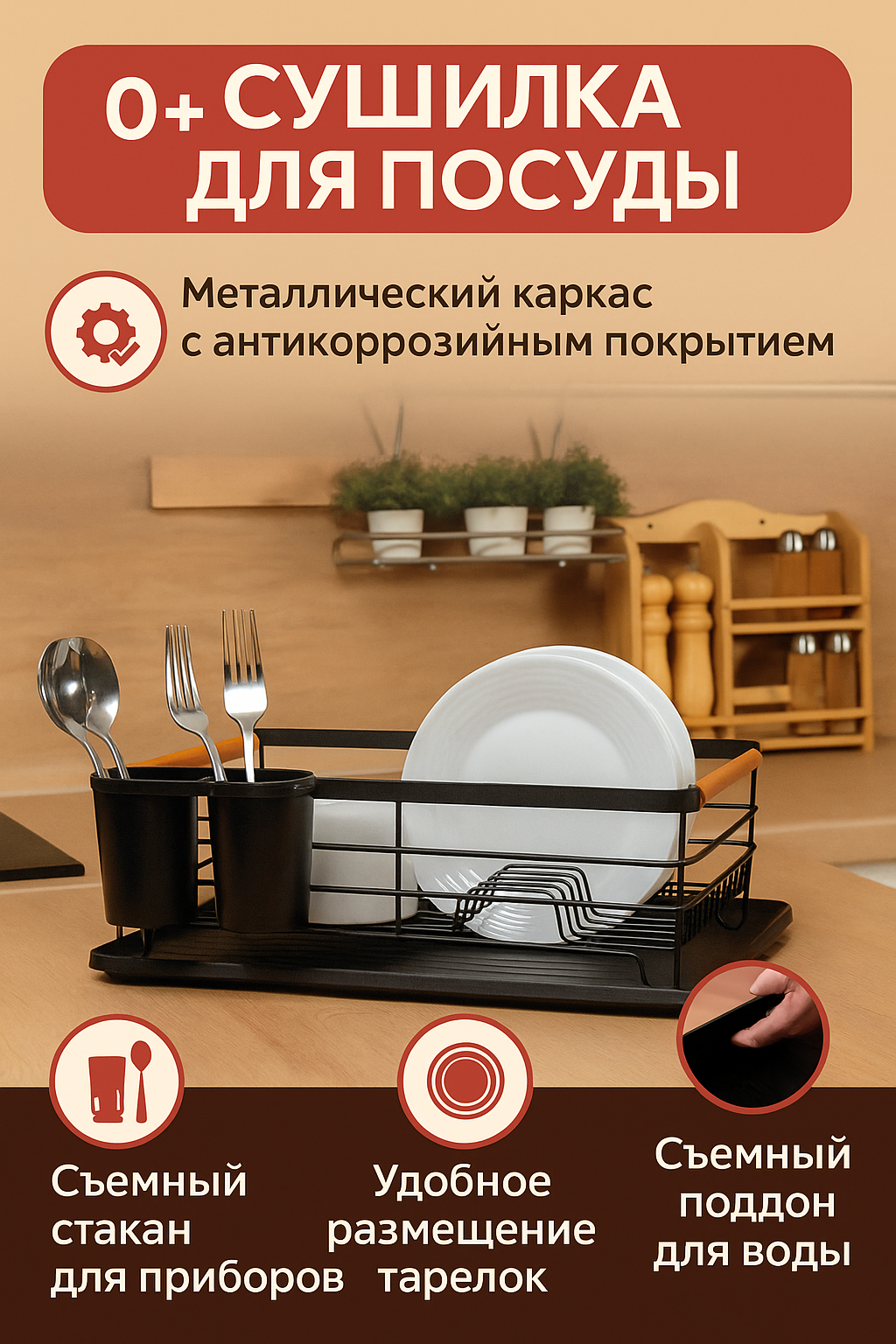 Сушилка для посуды настольная со съёмным поддоном двухярусная.