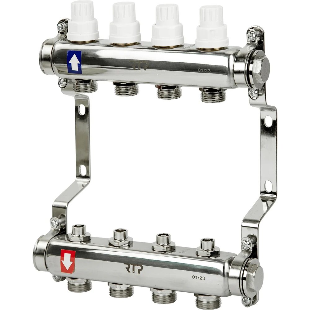 RTP Коллекторная группа с ручными регулирующими клапанами и кронштейном (евроконус 3/4") нержавеющая сталь sus 304 1"х4 выхода, 39458
