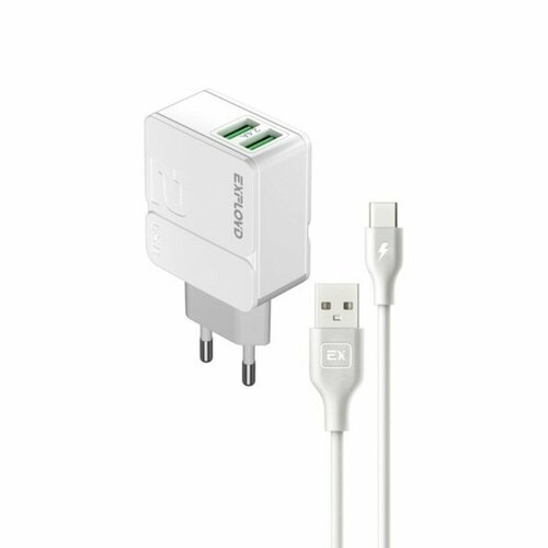 Сетевое зарядное устройство Eхployd Eх-Z-1443, 2 USB, 2.4 А, кабель Type-C, белое
