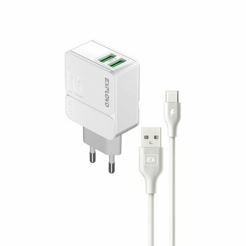 Exployd Сетевое зарядное устройство Exployd EX-Z-1443, 2 USB, 2.4 А, кабель Type-C, белое белый