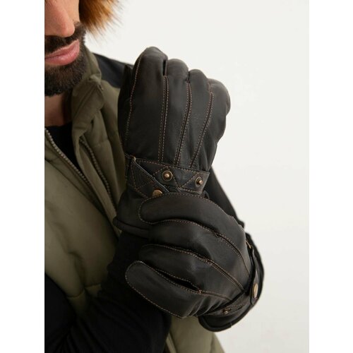 Зимние кожаные перчатки с утеплителем и мехом. Цвет коричневый. Размер 9