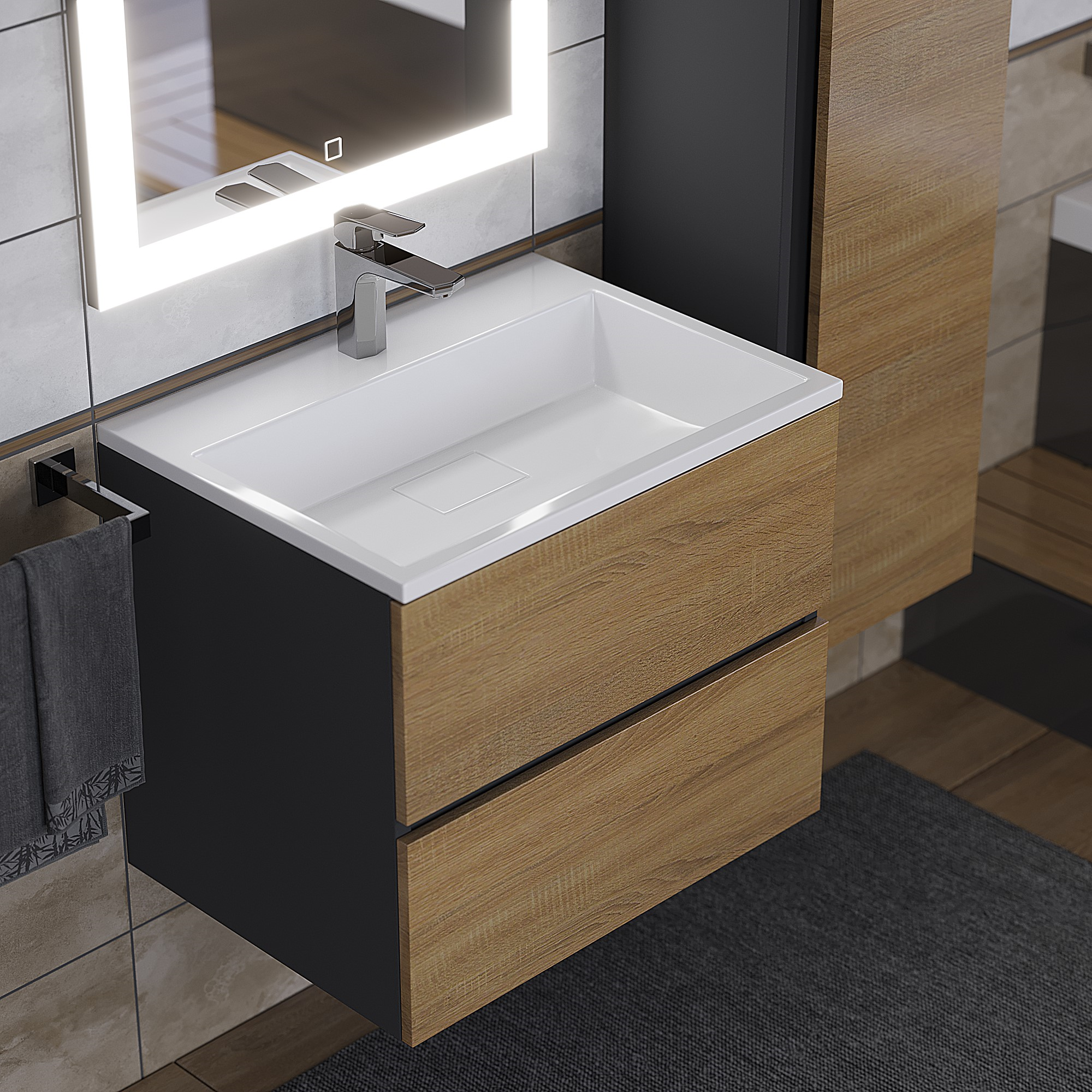 фото Тумба с раковиной для ванной Uperwood Barsa (60 см, раковина белая, подвесная тумба черная/дуб сонома)