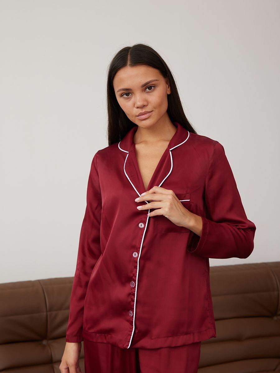 Пижама , рубашка, брюки, длинный рукав, пояс на резинке, размер S, бордовый, красный - фотография № 3