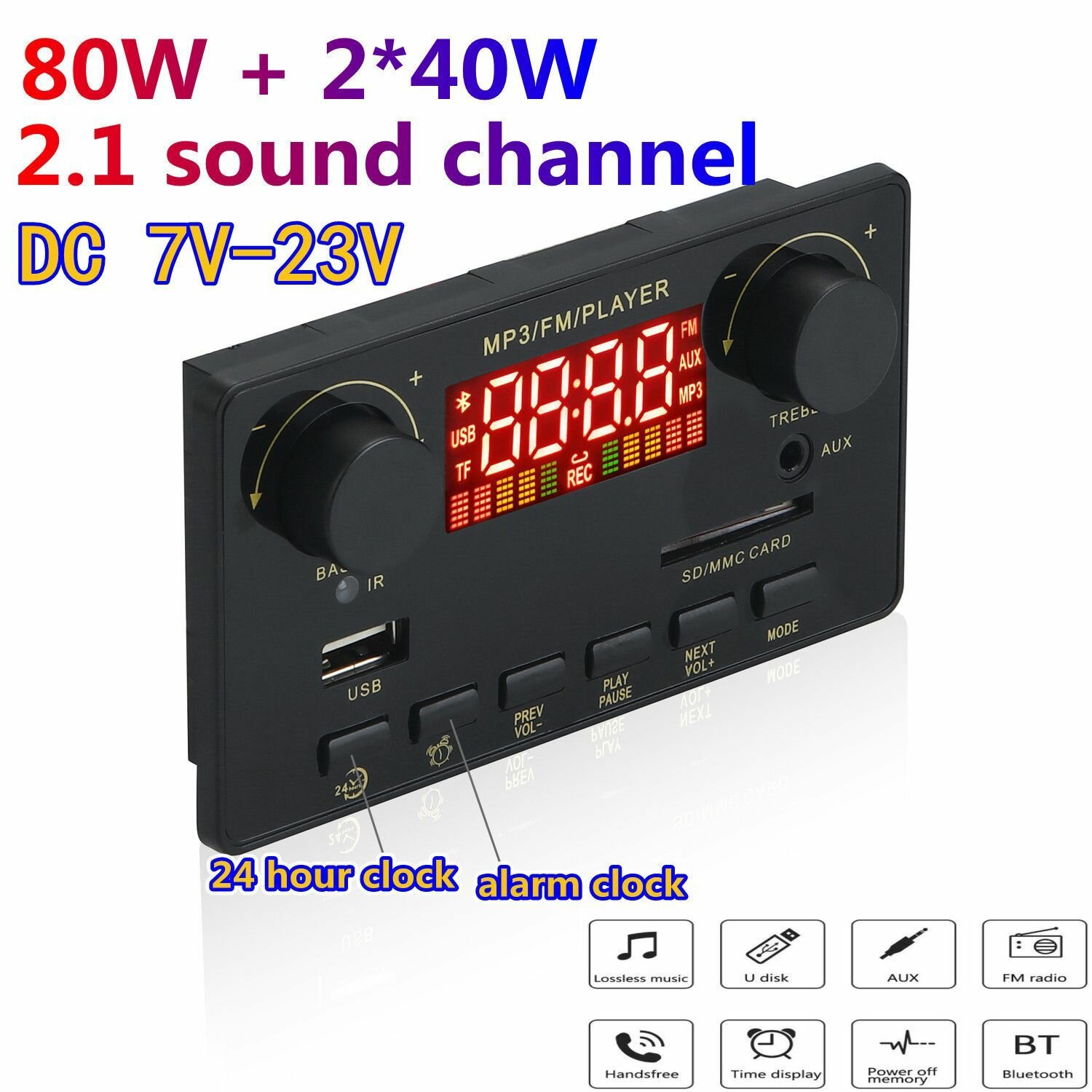 Декодер плата Bluetooth AUX USB TF FM с усилителем мощности звука 2X40W+80W 7-19 В