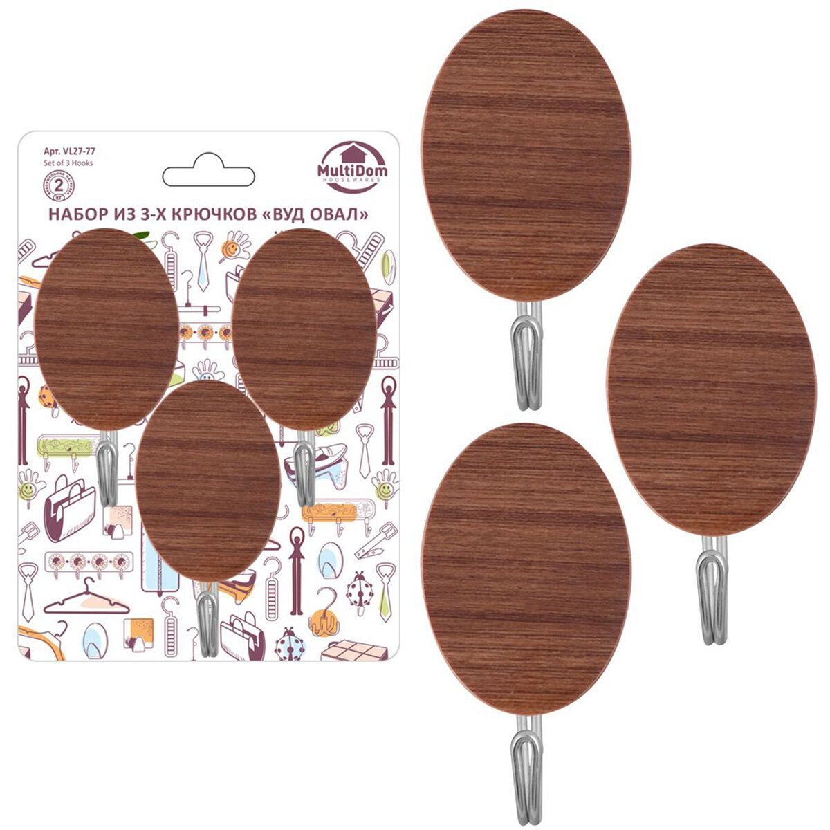 Комплект самоклеящихся крючков Мультидом Вуд овал коричневый 3 шт